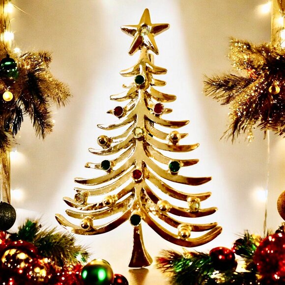 Tancer II Christmas Tree Brooch Vintage Signed Gold-tone Rhinestones - Picture 8 of 12